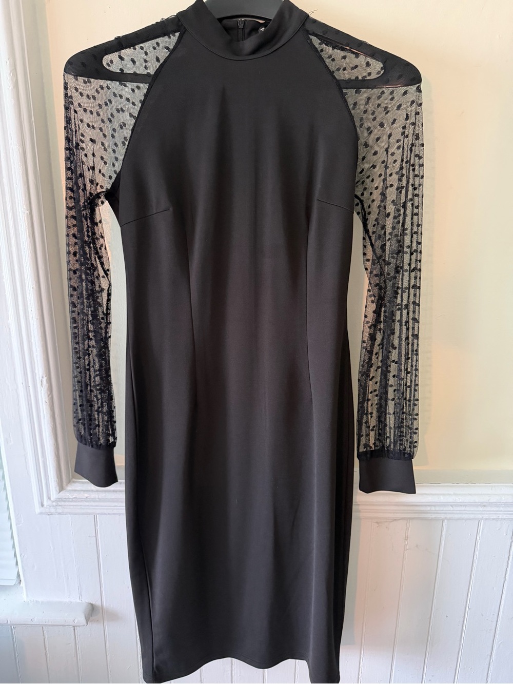 Black Long-Sleeve Mesh-Detailed Midi Dress